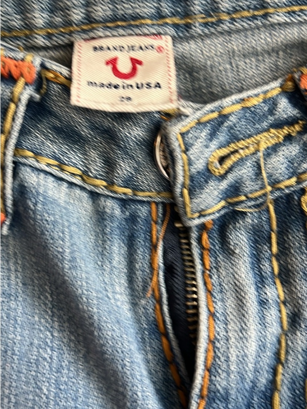 True Religion Light Blue Denim Jeans with Yellow & Orange Stitching